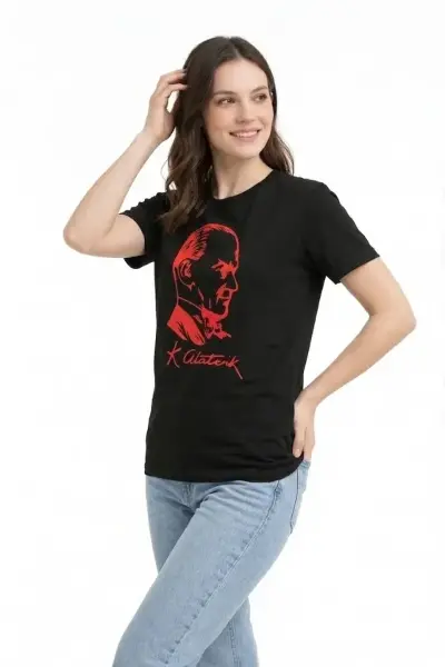 Atatürk Baskılı Tişört Kısa Kollu Bisiklet Yaka T-Shirt - Siyah