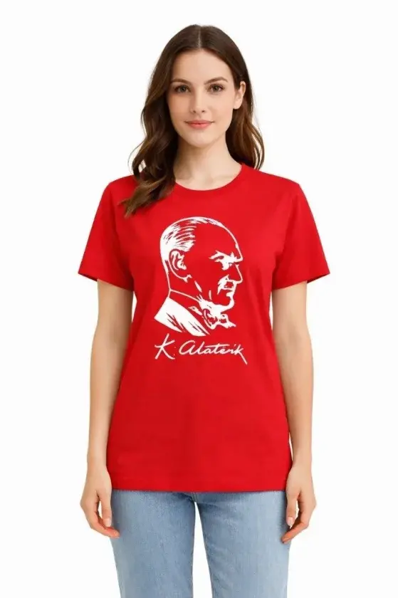 Atatürk Baskılı Tişört Kısa Kollu Bisiklet Yaka T-Shirt - Kırmızı-1 Atatürk Baskılı Tişört Kısa Kollu Bisiklet Yaka T-Shirt - Kırmızı-1