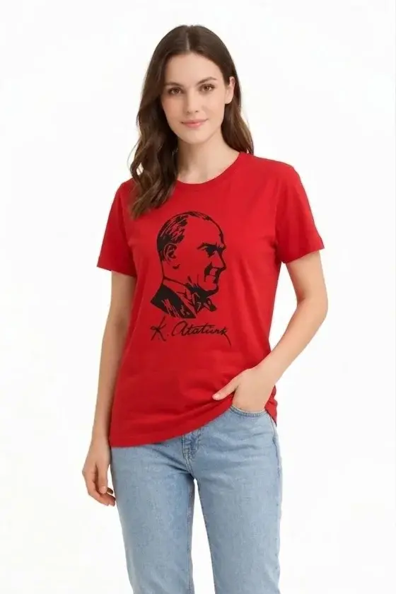 Atatürk Baskılı Tişört Kısa Kollu Bisiklet Yaka T-Shirt - Kırmızı-1 Atatürk Baskılı Tişört Kısa Kollu Bisiklet Yaka T-Shirt - Kırmızı-1