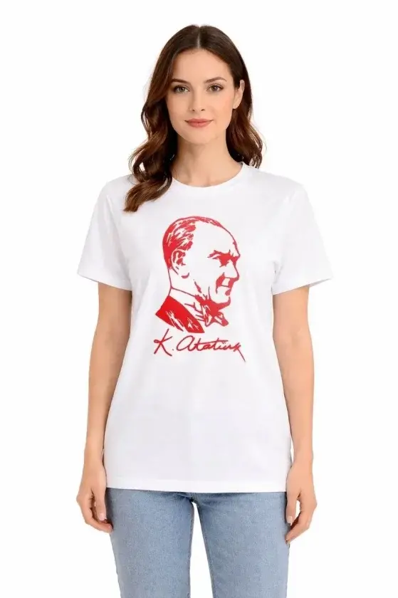 Atatürk Baskılı Tişört Kısa Kollu Bisiklet Yaka T-Shirt - Beyaz-1 Atatürk Baskılı Tişört Kısa Kollu Bisiklet Yaka T-Shirt - Beyaz-1