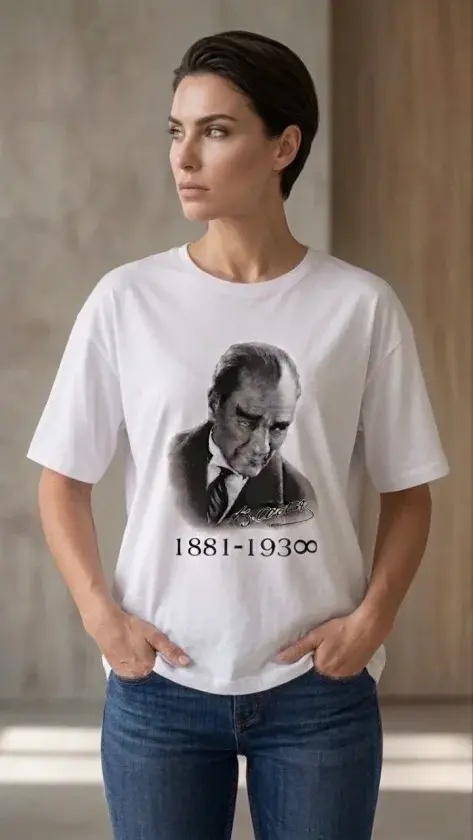 Atatürk Baskılı Tişört Kısa Kollu Bisiklet Yaka T-Shirt - Beyaz-1 Atatürk Baskılı Tişört Kısa Kollu Bisiklet Yaka T-Shirt - Beyaz-1
