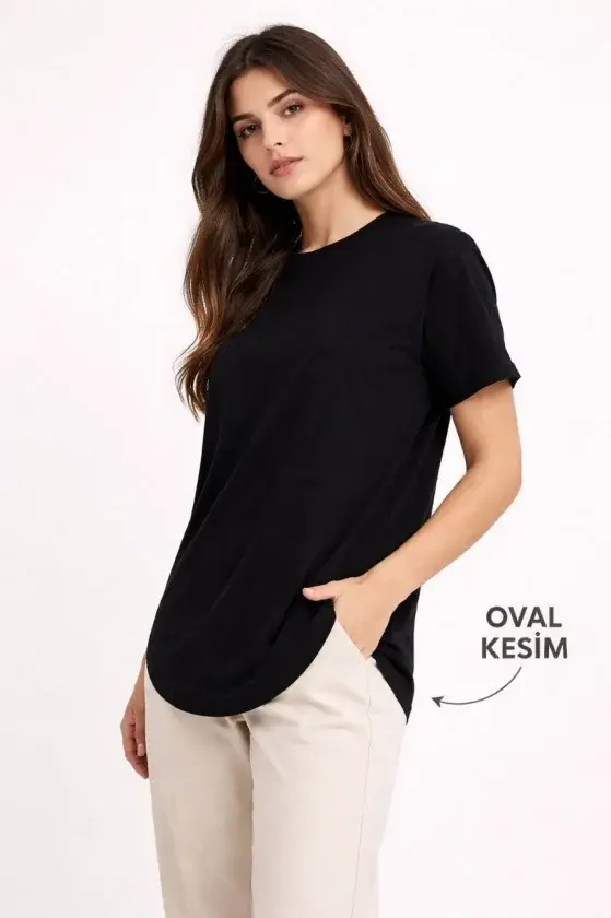 Basic T-Shirt Kısa Kol Bisiklet Yaka Oval Kesim Tişört - Siyah-1 Basic T-Shirt Kısa Kol Bisiklet Yaka Oval Kesim Tişört - Siyah-1