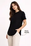 Basic T-Shirt Kısa Kol Bisiklet Yaka Oval Kesim Tişört - Siyah-1