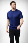 Erkek Yazlık Triko Dokuma Tişört Kısa Kol Bisiklet Yaka Örgü Desenli T-Shirt - Lacivert-3