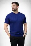 Erkek Yazlık Triko Dokuma Tişört Kısa Kol Bisiklet Yaka Örgü Desenli T-Shirt - Lacivert-4