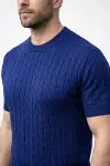 Erkek Yazlık Triko Dokuma Tişört Kısa Kol Bisiklet Yaka Örgü Desenli T-Shirt - Lacivert-1