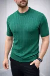 Erkek Yazlık Triko Dokuma Tişört Kısa Kol Bisiklet Yaka Örgü Desenli T-Shirt - Haki-2