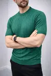 Erkek Yazlık Triko Dokuma Tişört Kısa Kol Bisiklet Yaka Örgü Desenli T-Shirt - Haki-1