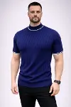 Erkek Fitilli Triko Dokuma Kısa Kol Tişört Yarım Boğaz Modern Yazlık T-Shirt - Lacivert-3