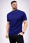 Erkek Fitilli Triko Dokuma Kısa Kol Tişört Yarım Boğaz Modern Yazlık T-Shirt - Lacivert-4