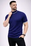 Erkek Fitilli Triko Dokuma Kısa Kol Tişört Yarım Boğaz Modern Yazlık T-Shirt - Lacivert-1