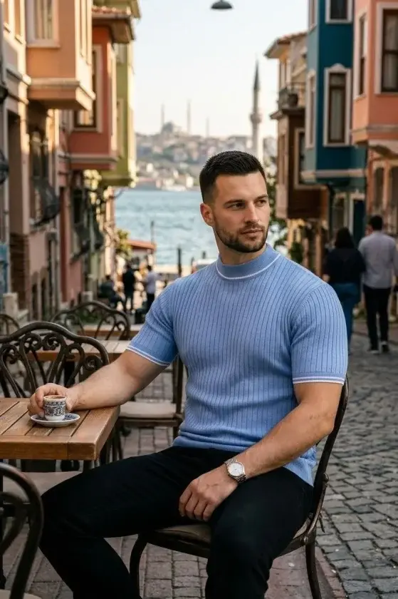 Erkek Fitilli Triko Dokuma Kısa Kol Tişört Yarım Boğaz Modern Yazlık T-Shirt - Bebe Mavisi-1 Erkek Fitilli Triko Dokuma Kısa Kol Tişört Yarım Boğaz Modern Yazlık T-Shirt - Bebe Mavisi-1