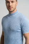 Erkek Fitilli Triko Dokuma Kısa Kol Tişört Yarım Boğaz Modern Yazlık T-Shirt - Bebe Mavisi-3