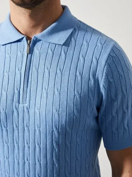 Erkek Yazlık Triko Saç Örgü Tişört Kısa Kol Polo Yaka Fermuarlı T-Shirt - Bebe Mavisi
