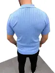 Erkek Yazlık Triko Saç Örgü Tişört Kısa Kol Polo Yaka Fermuarlı T-Shirt - Bebe Mavisi-2