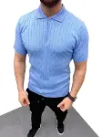 Erkek Yazlık Triko Saç Örgü Tişört Kısa Kol Polo Yaka Fermuarlı T-Shirt - Bebe Mavisi-3