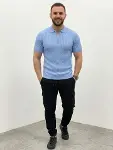 Erkek Yazlık Triko Saç Örgü Tişört Kısa Kol Polo Yaka Fermuarlı T-Shirt - Bebe Mavisi-4