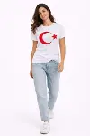 T-Shirt Kısa Kol Bisiklet Yaka Ay Yıldız Bayrak Baskılı Tişört - Beyaz-2