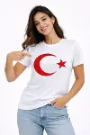 T-Shirt Kısa Kol Bisiklet Yaka Ay Yıldız Bayrak Baskılı Tişört - Beyaz-3