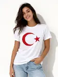 T-Shirt Kısa Kol Bisiklet Yaka Ay Yıldız Bayrak Baskılı Tişört - Beyaz-1
