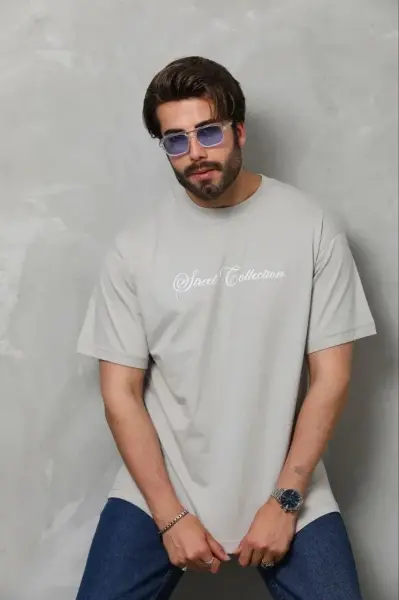 Erkek Baskılı T-Shirt Kısa Kol Bisiklet Yaka Regular Fit Rahat Kalıp Günlük Tişört - Gri