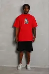 Erkek Baskılı T-Shirt Kısa Kol Bisiklet Yaka Regular Fit Rahat Kalıp Günlük Tişört - Kırmızı-1