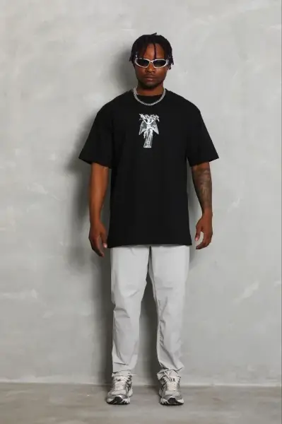 Erkek Baskılı T-Shirt Kısa Kol Bisiklet Yaka Regular Fit Rahat Kalıp Günlük Tişört - Siyah