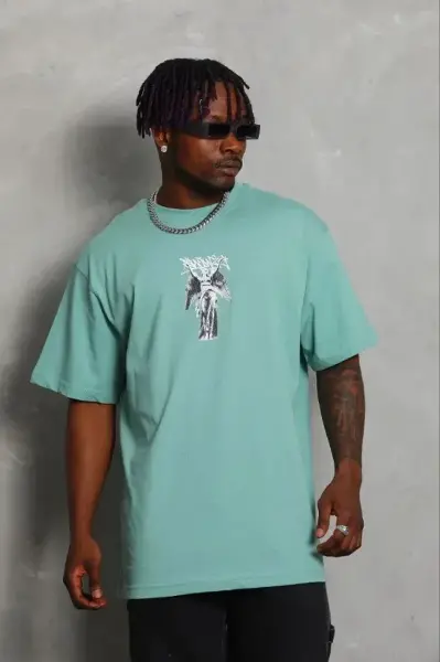 Erkek Baskılı T-Shirt Kısa Kol Bisiklet Yaka Regular Fit Rahat Kalıp Günlük Tişört - Mint Yeşili
