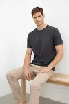 Erkek Bisiklet Yaka Tişört Regular Kalıp Basic Pamuklu Günlük Kullanım T-shirt - Füme-1