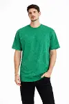 Erkek Asit Yıkama Bisiklet Yaka Kısa Kollu Oversize T-Shirt Tişört - Yeşil-3