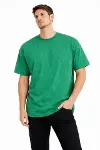 Erkek Asit Yıkama Bisiklet Yaka Kısa Kollu Oversize T-Shirt Tişört - Yeşil-4