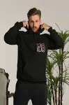 Unisex Kapşonlu Baskılı Sweetshirt - Siyah-2