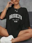 Baskılı Oversize Bisiklet Yaka T-shirt - Siyah-1