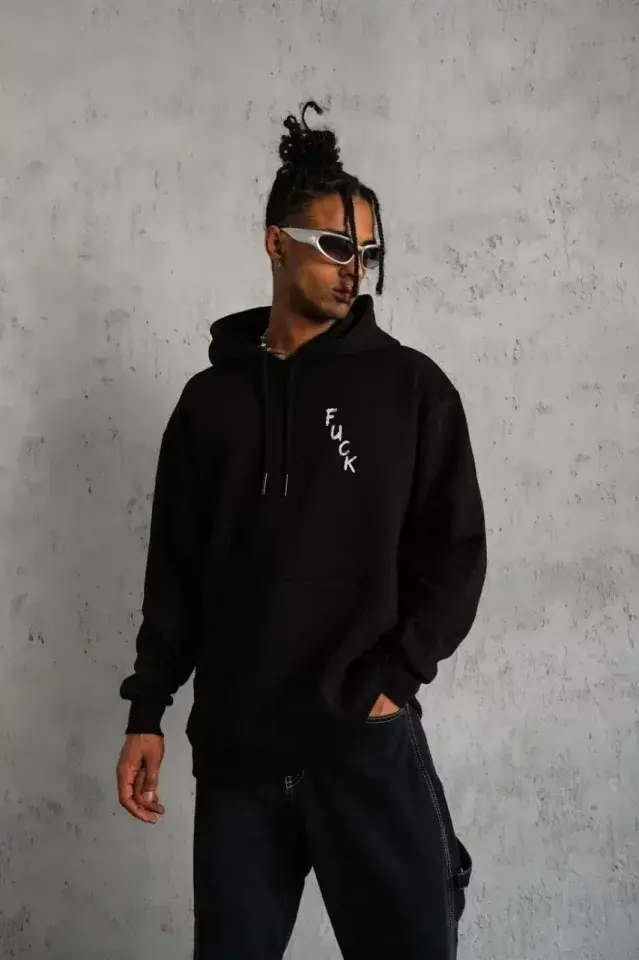 Unisex Kapşonlu Uzun Kol Baskılı Sweetshirt - Siyah-1 Unisex Kapşonlu Uzun Kol Baskılı Sweetshirt - Siyah-1