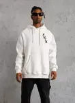 Unisex Kapşonlu Uzun Kol Baskılı Sweetshirt - Beyaz-1