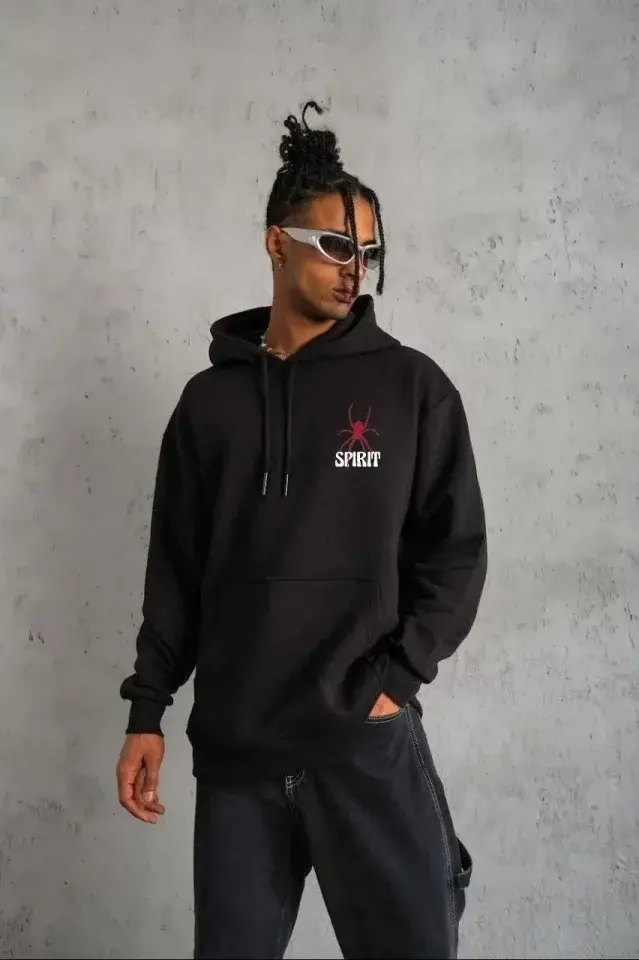 Unisex Kapşonlu Baskılı Sweetshirt - Siyah-1 Unisex Kapşonlu Baskılı Sweetshirt - Siyah-1