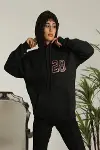 Unisex Kapşonlu Baskılı Sweetshirt - Siyah-2