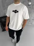 Unisex Bisiklet Yaka Baskılı Double Oversize T-Shirt - Beyaz-2