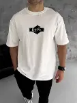 Unisex Bisiklet Yaka Baskılı Double Oversize T-Shirt - Beyaz-1