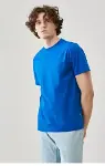 Unisex Düz Biskilet Yaka Oversize T-shirt - Mavi-2