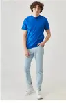 Unisex Düz Biskilet Yaka Oversize T-shirt - Mavi-4