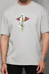 Unisex Bisiklet Yaka Baskılı Oversize T-Shirt - Gri-2