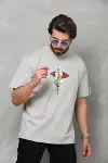 Unisex Bisiklet Yaka Baskılı Oversize T-Shirt - Gri-3