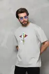 Unisex Bisiklet Yaka Baskılı Oversize T-Shirt - Gri-4