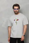 Unisex Bisiklet Yaka Baskılı Oversize T-Shirt - Gri-1