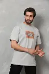 Unisex Bisiklet Yaka Baskılı Oversize T-Shirt - Gri-4