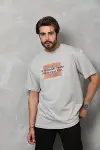 Unisex Bisiklet Yaka Baskılı Oversize T-Shirt - Gri-1