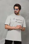 Unisex Bisiklet Yaka Baskılı Oversize T-Shirt - Gri-2