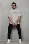 Unisex Bisiklet Yaka Baskılı Oversize T-Shirt - Gri-3