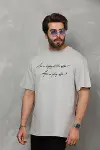Unisex Bisiklet Yaka Baskılı Oversize T-Shirt - Gri-1